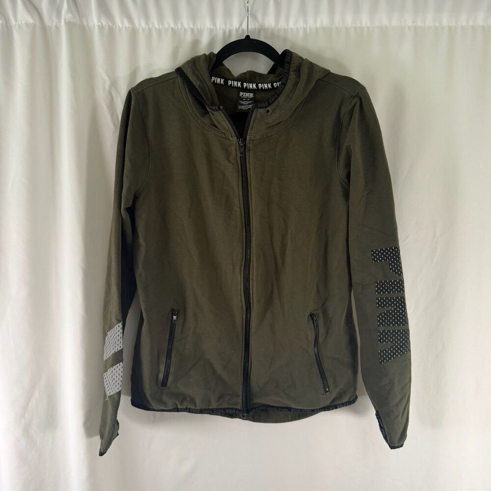 VS Pink Hoodie Women's Medium Green Full Zip Pockets Victoria's Secret